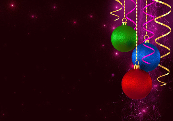Kerst Dark Shining achtergrond, Nieuwjaar, glanzende gouden ballen, veelkleurige serpentine, krullen, brandende lichten. - Foto, afbeelding
