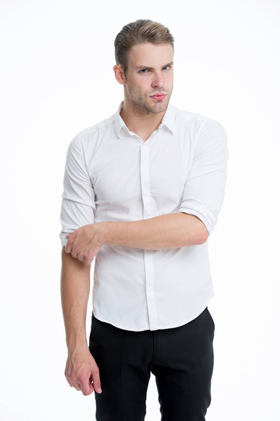 White collar worker. Man well groomed formal elegant shirt white background. Guy handsome office worker. Working formal dress code. Menswear formal style. Clerical and middle chain management - Foto, Imagen