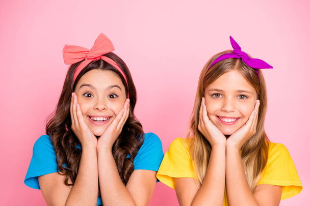 Close-up portrait of two nice-looking attractive well-groomed winsome charming cute lovely cheerful cheery glad amazed pre-teen girls isolated on pink pastel background - Zdjęcie, obraz
