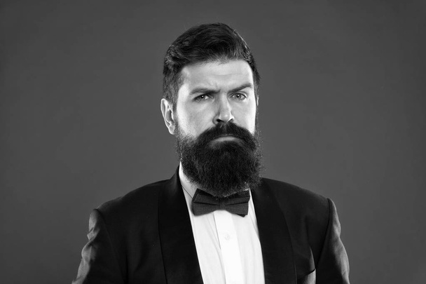Classy style. Man bearded hipster wear classic suit outfit. Take good care of suit. Elegancy and male style. Businessman or host fashionable outfit on red background. Fashion concept. Formal outfit - Photo, image