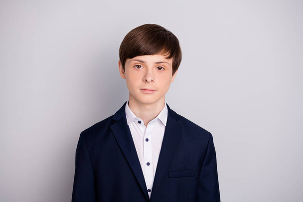 Portrait of charming imposing kid private school boy feel glad ready work worker want be cool professional look hear wear blazer modern white shirt isolated grey silver background - Foto, imagen