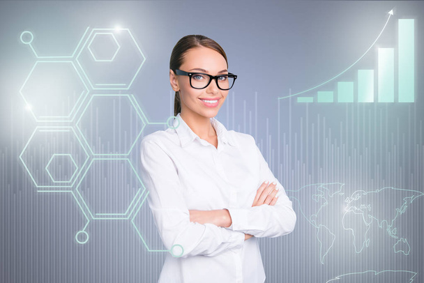 Close up side profile design stylized graphic virtual poster photo confident she her business lady social marketing futuristic pattern wear white shirt specs eyeglasses isolated report background - Fotoğraf, Görsel