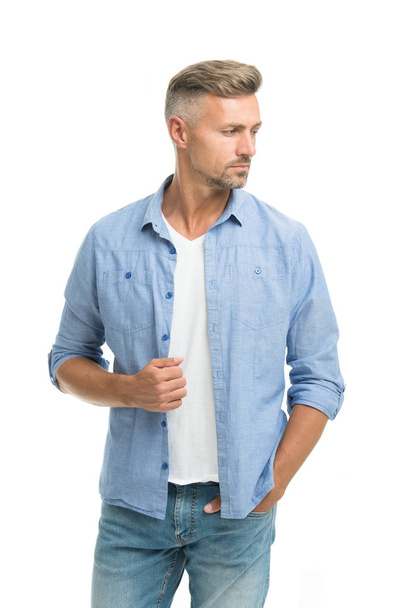 Denim trend. Feeling casual and comfortable. Menswear and fashionable clothing. Man looks handsome in casual shirt. Guy with bristle wear casual outfit. Fashion concept. Man model clothes shop - Fotoğraf, Görsel