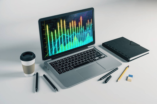 Laptop closeup with forex graph on computer screen. Financial trading and education concept. 3d rendering. - Foto, imagen