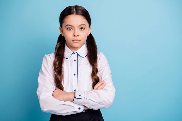 Portrait of charming focused kid look isolated over blue background - Foto, Bild