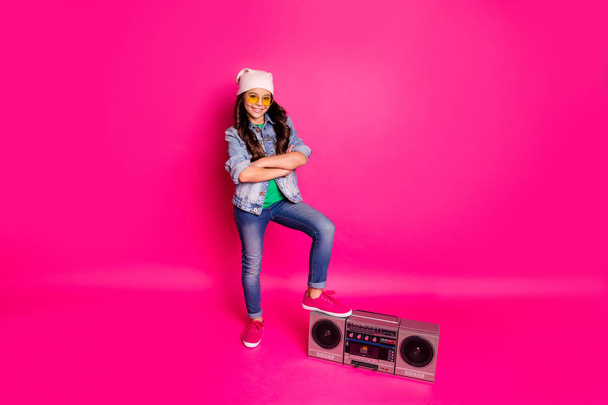 Full length body size photo beautiful little she her curly lady holiday party hands arms crossed folded old tape recorder wear yellow sun specs hat casual jeans denim jacket isolated pink background - Photo, Image