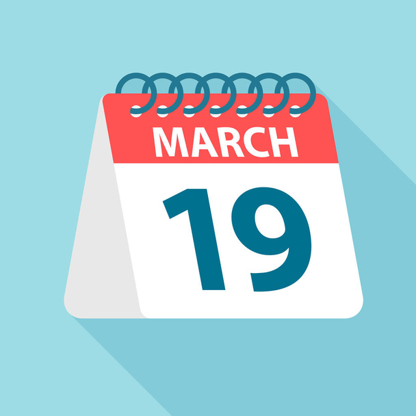 March 19 - Calendar Icon. Vector illustration of one day of month. Calendar Template - Vetor, Imagem