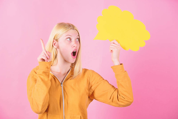 Idea and creativity concept. Girl cute blonde with speech bubble. Thought of inspired adorable woman. Ideas and thoughts copy space. Idea and inspiration. What is on her mind. Think about. Fresh idea - Φωτογραφία, εικόνα