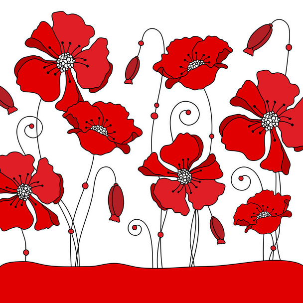 Different Red Graphic Poppies On Meadow Background - Vector, Image