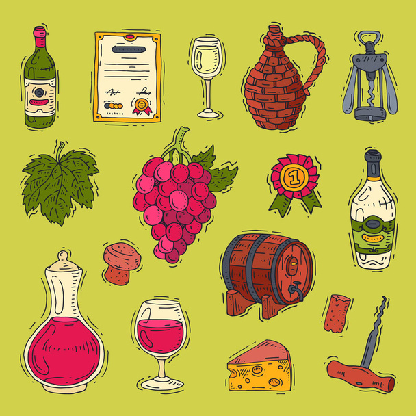 Wine alcohol in winebottles of winery and wineglass with grape or grapevine illustration set of wine cellar isolated on background - Photo, image