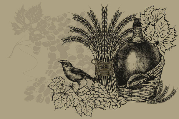 Bottle of wine in a basket and wheat, sitting bird with grapes.  - Διάνυσμα, εικόνα