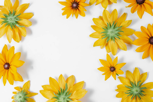 Yellow flowers represented on white background. Many flowers for decorating any post card or celebration card. Summer and autumn concept. Flat lay, top view, copy space - Fotoğraf, Görsel