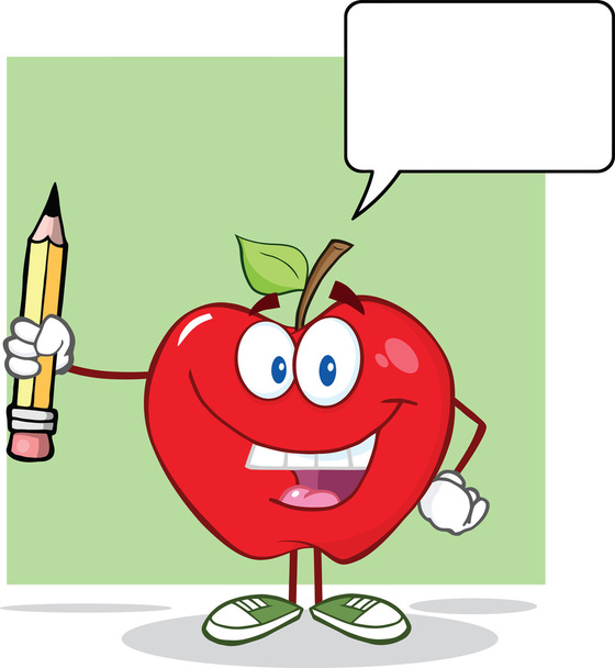 Red Apple Holding Up A Pencil With Speech Bubble - Photo, Image