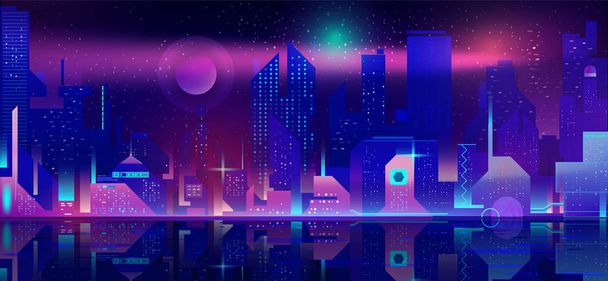 Night city in neon lights. Futuristic cityscape - Vector, Image