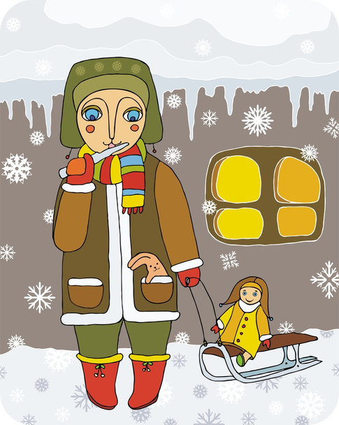 Child with sled - Vector, Image