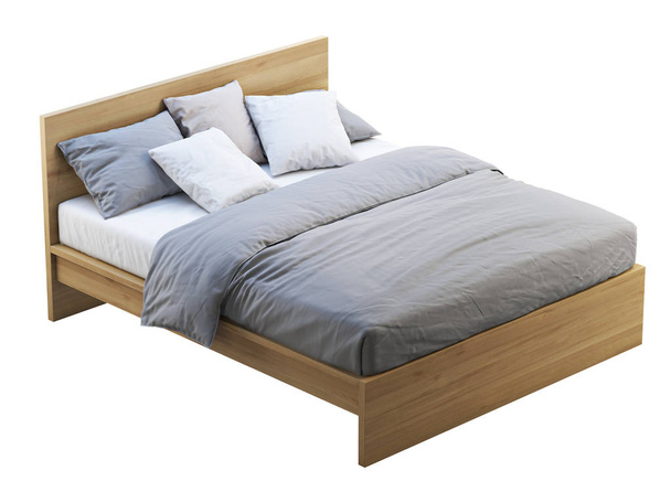 Wooden double bed with storage. 3d render - Photo, Image