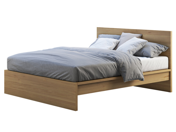 Drewniane podwójne łóżko z schowkami. Renderowanie 3D - Zdjęcie, obraz