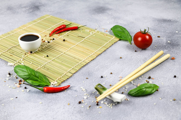 Mockup for food. Composition with cherry, pepper and basil - Foto, immagini