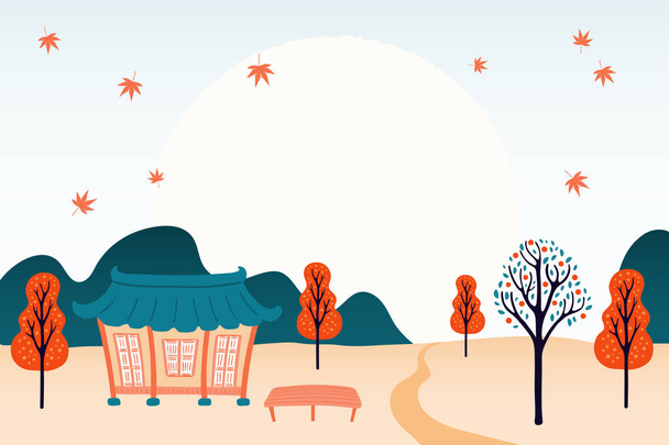 Векторная иллюстрация к фестивалю середины осени в Корее, Чусеок, с сельским пейзажем, ханоком, деревьями, падающими листьями, полнолунием. Концепция праздничной карты
 - Вектор,изображение