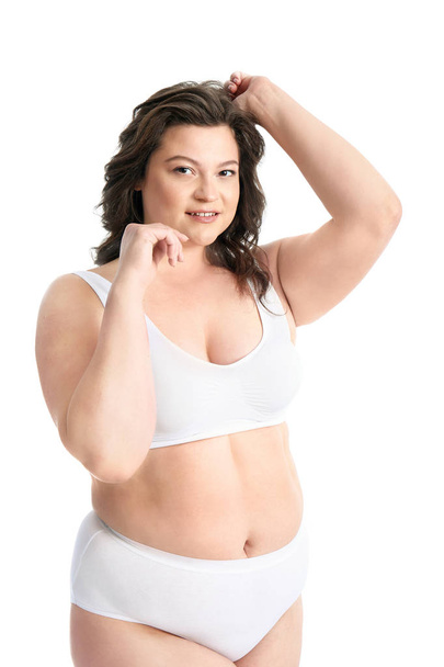 Beautiful plus size woman on white background. Concept of body positive - Photo, Image