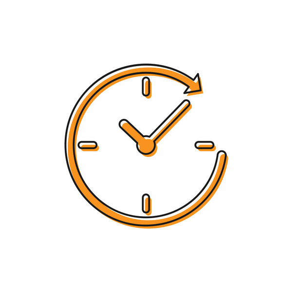 Oranžové hodiny s ikonou šipky izolované na bílém pozadí. Symbol času. Otáčí se šipkou a časem ve směru hodinových ručiček. Vektorová ilustrace - Vektor, obrázek