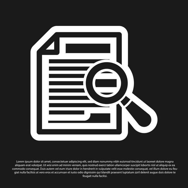 Schwarzes Dokument mit Suchsymbol auf schwarzem Hintergrund. Datei- und Lupensymbol. Analytics Forschungszeichen. Vektorillustration - Vektor, Bild