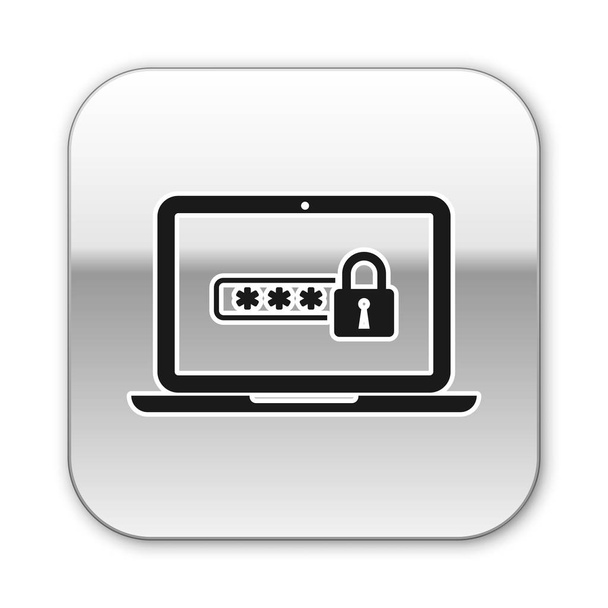 Чорний ноутбук із сповіщенням про пароль та піктограмою блокування ізольовано на білому тлі. Концепція безпеки, особистий доступ, авторизація користувача, форма входу. Срібна квадратна кнопка. Векторна ілюстрація
 - Вектор, зображення