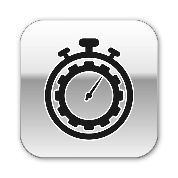 Μαύρο εικονίδιο διαχείρισης ώρας απομονώνεται σε λευκό φόντο. Ρολόι και σήμα ταχυτήτων. Σύμβολο παραγωγικότητας. Ασημί τετράγωνο κουμπί. Απεικόνιση διανυσματικών φορέων - Διάνυσμα, εικόνα