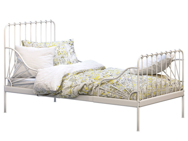 Valkoinen metallirunko yhden lapsen sänky värikkäillä liinavaatteilla. 3d renderointi
 - Valokuva, kuva