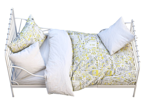Weißmetall umrahmt das Einzelbett für Kinder mit farbenfroher Bettwäsche. 3D-Darstellung - Foto, Bild
