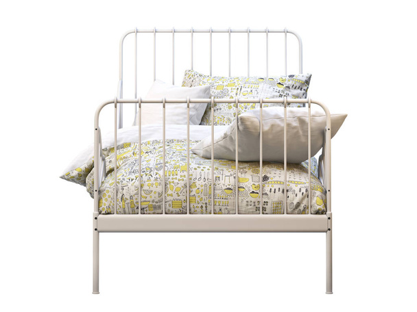 White metal frame single children 's bed with colorful linen. 3D рендеринг
 - Фото, изображение