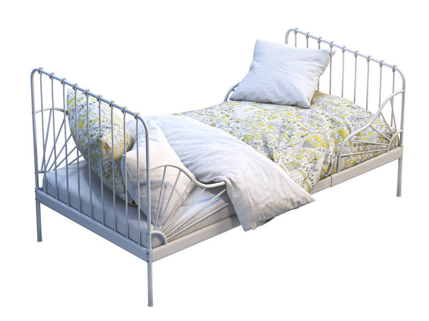 Λευκό μεταλλικό πλαίσιο single παιδικό κρεβάτι με πολύχρωμα σεντόνια. απόδοση 3D - Φωτογραφία, εικόνα
