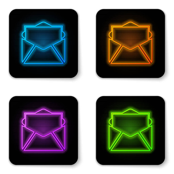 Świecące Neon mail i ikona e-mail na białym tle. Symbol koperty e-mail. Znak wiadomości e-mail. Czarny kwadrat przycisk. Ilustracja wektorowa - Wektor, obraz