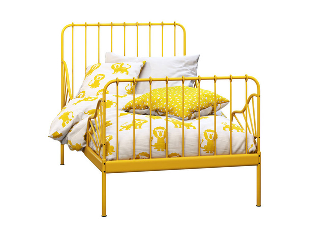 Cadre en métal jaune lit d'enfant simple avec linge coloré. 3d rendu
 - Photo, image