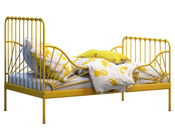 カラフルなリネン付きの黄色い金属製のフレームシングルキッズベッド。3D レンダリング - 写真・画像