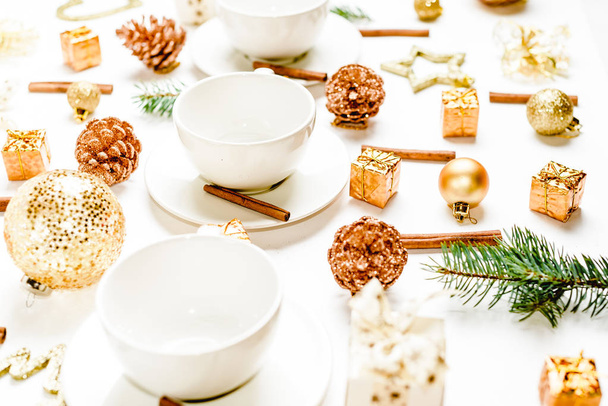 cup on a christmas holiday table. holidays and events consept. Flat lay, Top view - Photo, Image