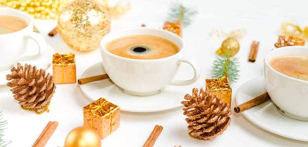 cup of hot coffee on a christmas holiday table. holidays and events consept. Flat lay, Top view - Zdjęcie, obraz