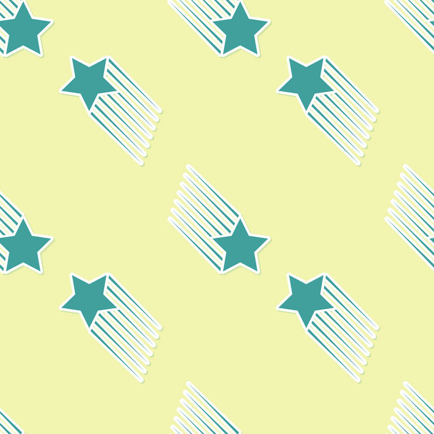 Groene vallende sterpictogram geïsoleerd naadloze patroon op gele achtergrond. Vallende ster met Star Trail. Meteoroïde, meteoriet, komeet, asteroïde, sterpictogram. Plat ontwerp. Vector illustratie - Vector, afbeelding