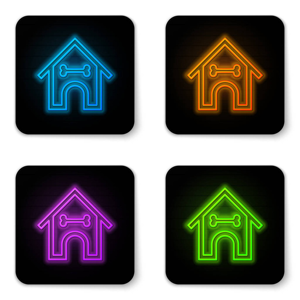 Planoucí neonový psí dům a ikona kosti izolované na bílém pozadí. Psí boudy. Černé čtvercové tlačítko. Vektorová ilustrace - Vektor, obrázek