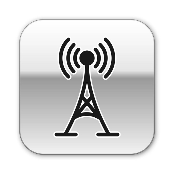 Icono de antena negra aislado sobre fondo blanco. Antena de radio inalámbrica. Tecnología y señal de red antena de radio. Botón cuadrado plateado. Ilustración vectorial
 - Vector, imagen