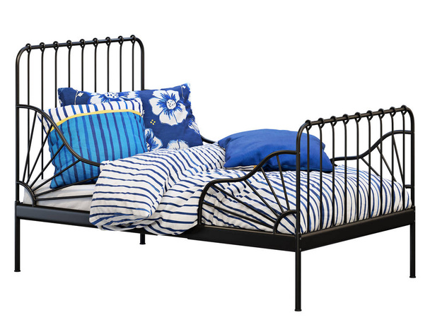Renkli keten ile siyah metal çerçeve tek çocuk yatağı. 3d render - Fotoğraf, Görsel