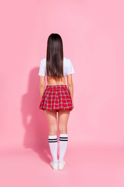 Vertical full length body size view of her she nice-looking attractive lovely well-groomed slender straight-haired lady standing straight isolated over pink pastel background - 写真・画像