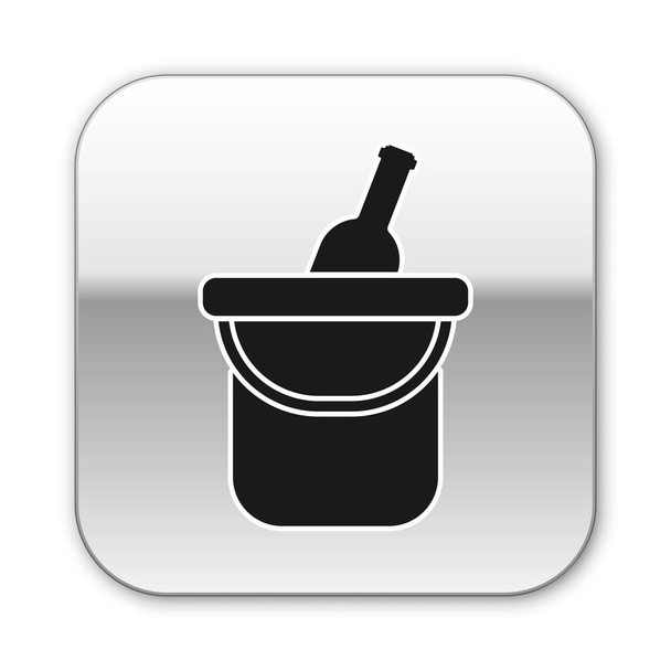 Botella negra de vino en un icono de cubo de hielo aislado sobre fondo blanco. Botón cuadrado plateado. Ilustración vectorial
 - Vector, Imagen