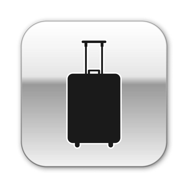 Icono de maleta Black Travel aislado sobre fondo blanco. Señal de equipaje de viaje. Icono de equipaje de viaje. Botón cuadrado plateado. Ilustración vectorial
 - Vector, Imagen