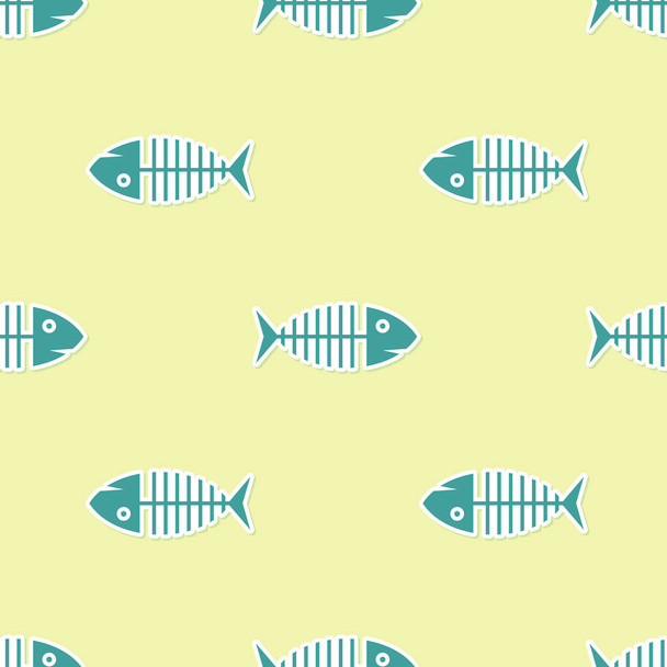 Green Fish skeleton icon isolated seamless pattern on yellow background. Fish bone sign. Vector Illustration - Vektor, kép