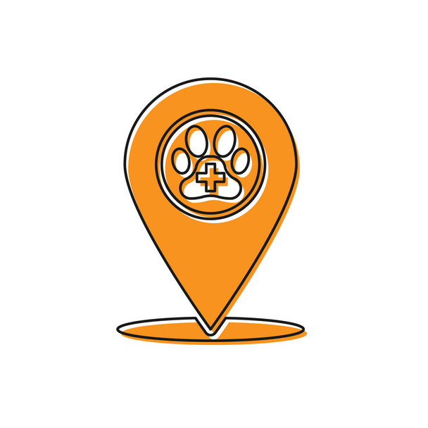 Pomarańczowy wskaźnik mapy z medycyny weterynaryjnej szpitala, kliniki lub Pet Shop dla zwierząt ikona na białym tle. Klinika weterynaryjna lub weterynaryjna. Ilustracja wektorowa - Wektor, obraz