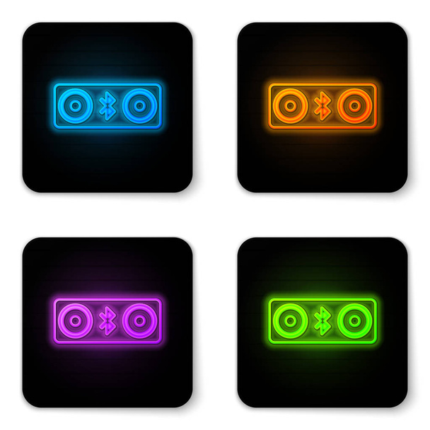 Leuchtende Neon-Bluetooth-Lautsprecher auf weißem Hintergrund. Bluetooth-Stereo-Lautsprecher. schwarzer quadratischer Knopf. Vektorillustration - Vektor, Bild