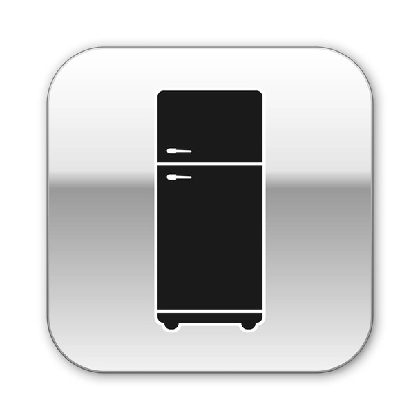 schwarzes Kühlschranksymbol isoliert auf weißem Hintergrund. Kühlschrank mit Gefrierfach Kühlschrank. Haushaltstechnologie und Haushaltsgeräte. Silberner quadratischer Knopf. Vektorillustration - Vektor, Bild