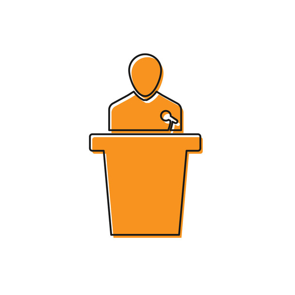 Icona Orange Speaker isolata su sfondo bianco. Orator parla da Tribune. Discorso pubblico. Persona sul podio. Design piatto. Illustrazione vettoriale
 - Vettoriali, immagini