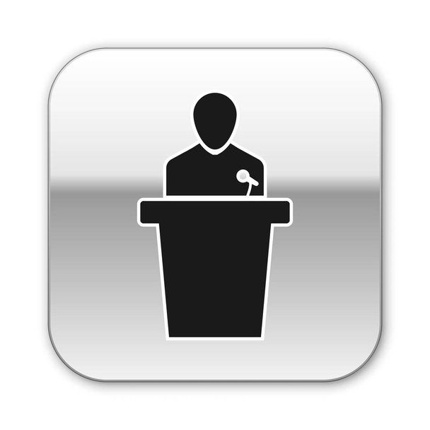 Icono de altavoz negro aislado sobre fondo blanco. Orador hablando desde tribuna. Discurso público. Persona en el podio. Botón cuadrado plateado. Ilustración vectorial
 - Vector, Imagen